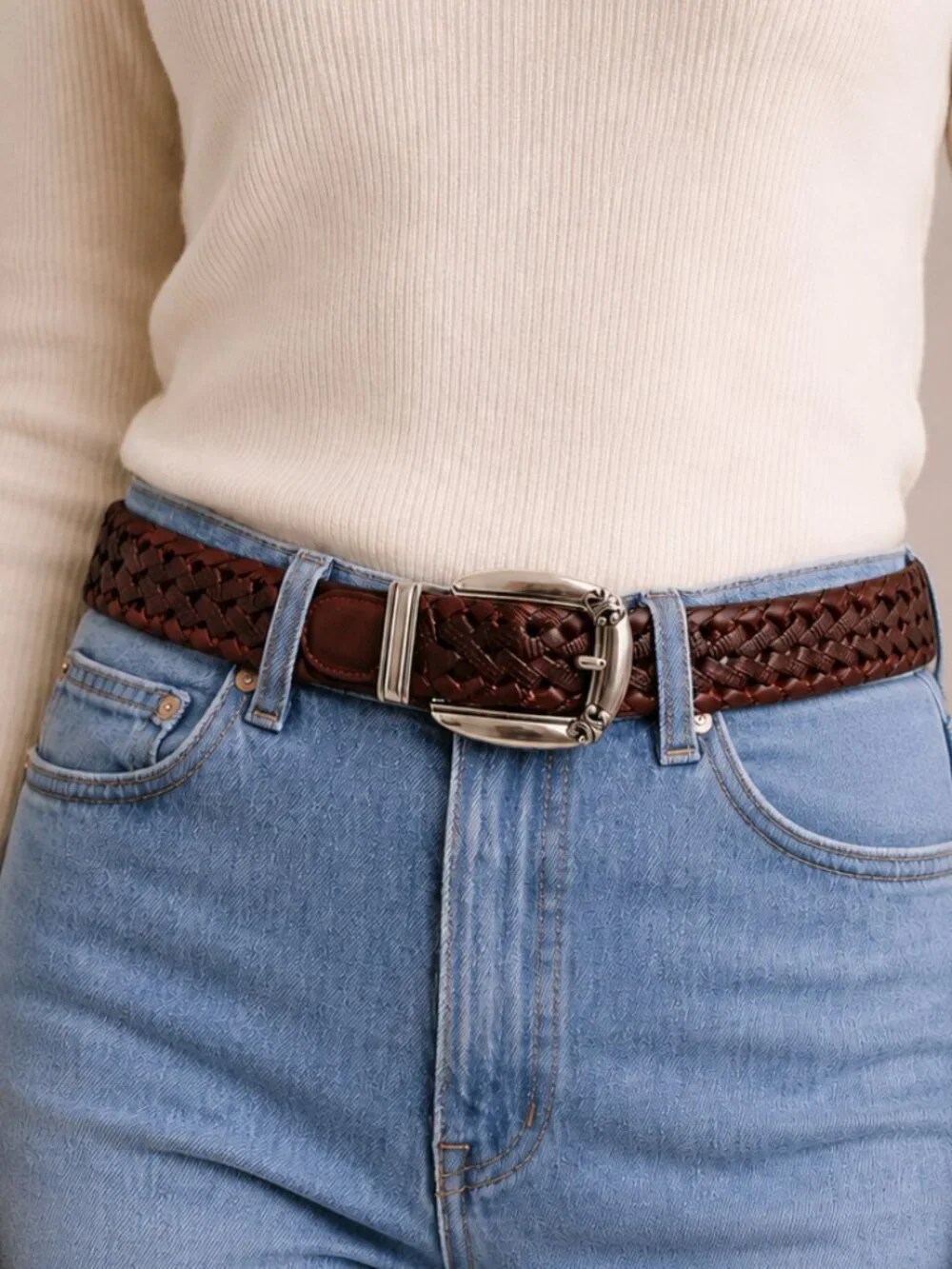 Fossil Brown Braided Leather Western Belt Silver Buckle Small